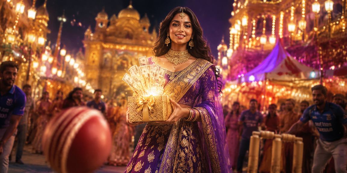 Night market in India with bright neon lights and lively crowds